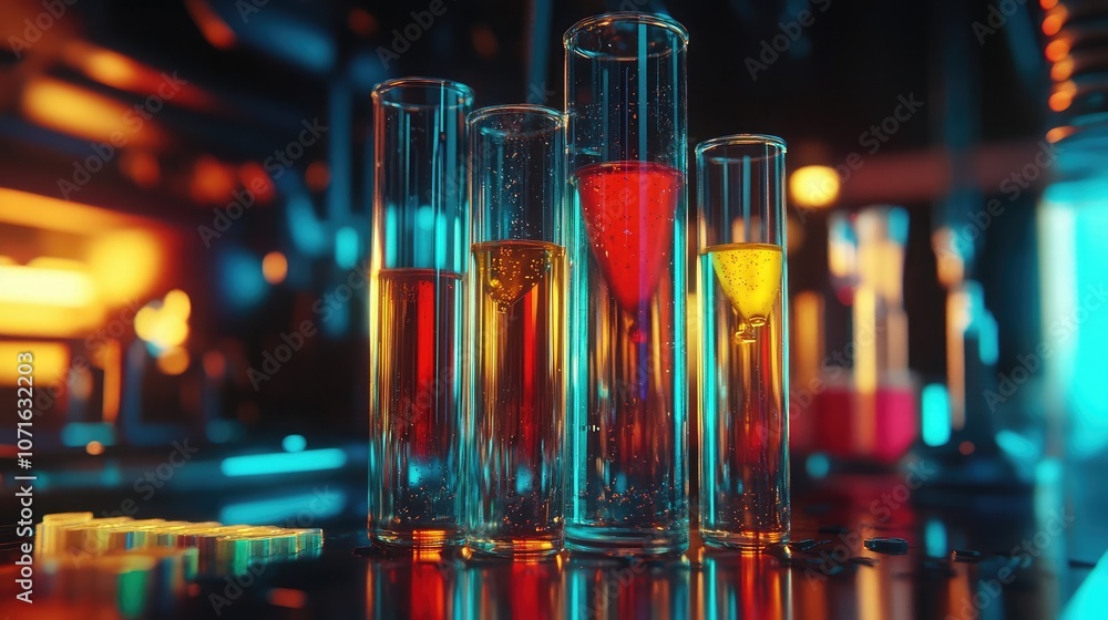 Poster a row of glass test tubes filled with colorful liquids in a science lab setting.