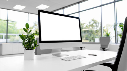 Fototapeta premium Clean white work desk Office decoration looks minimalist, mockup Computer screen 