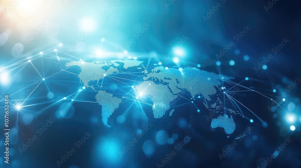 Poster a stylized world map with glowing lines connecting various points across the globe. the image evokes