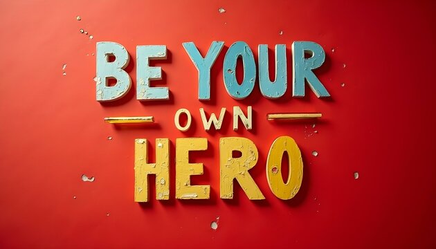 Be your own hero lettering on red background with confetti.