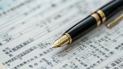 A black and gold fountain pen rests atop a sheet of paper with Japanese writing.