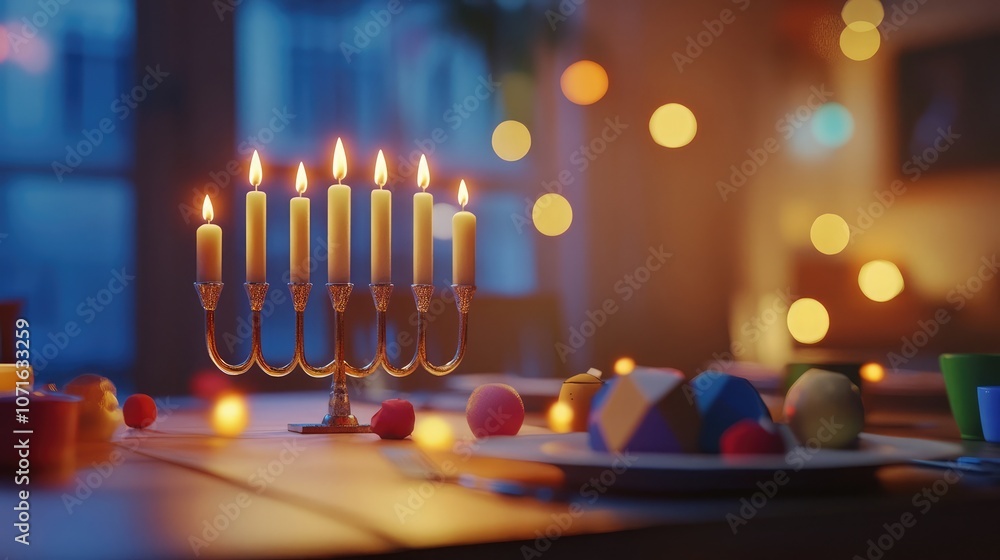 Poster a menorah with lit candles sits on a table with a plate of colorful objects and apples in the foregr