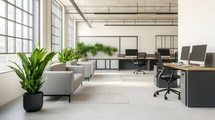 A modern, bright office space featuring comfortable seating, computers, and lush plants, creating an inviting work environment.