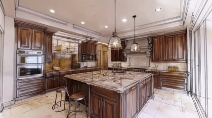 A modern kitchen with dark wood cabinets and a large island, overlaid with a blueprint style design. The kitchen has stainless steel appliances, a double oven and a tile backsplash.
