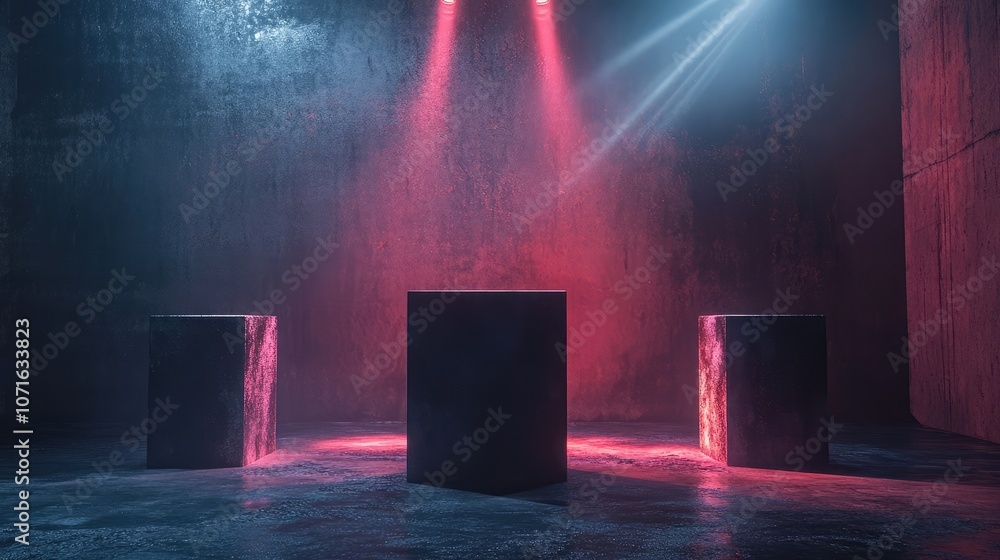 Aufkleber three black boxes in a moody, dark setting, illuminated by pink lights. the boxes are arranged in a 