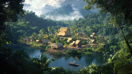 Obraz premium Jungle Village on a River