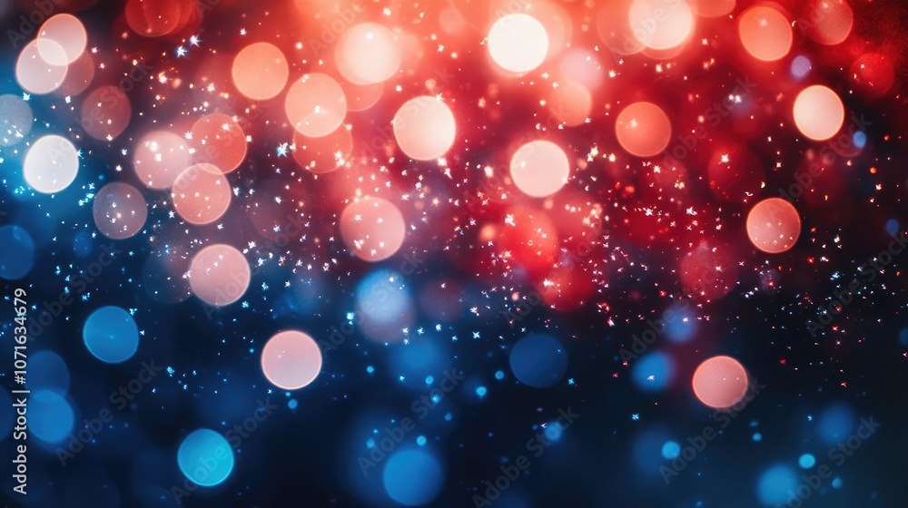 Poster abstract background with red and blue bokeh lights, creating a festive and celebratory mood.