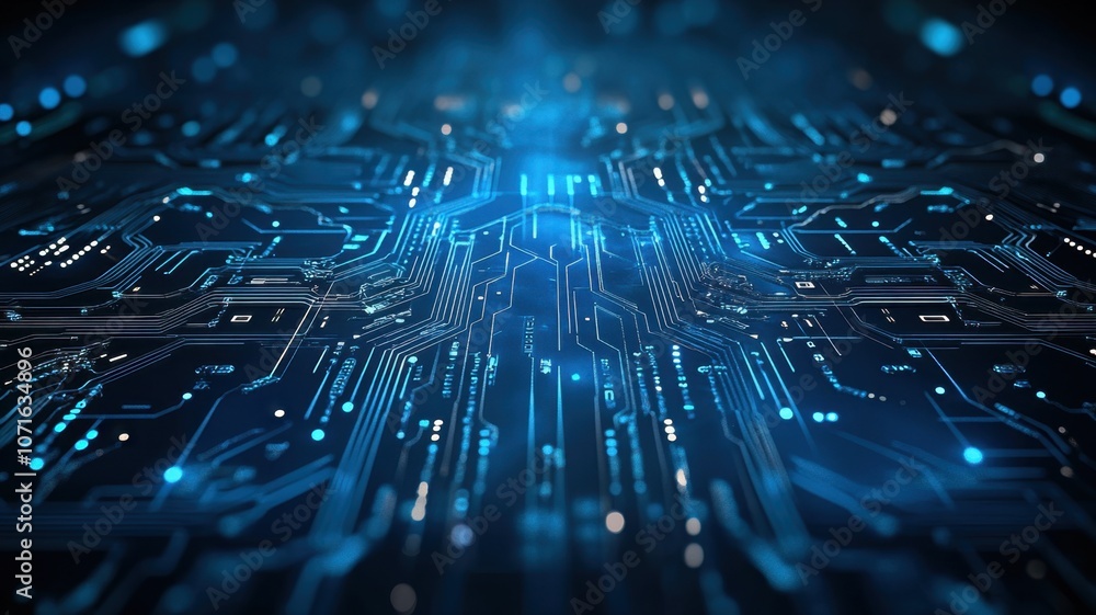 Poster futuristic circuit board background pulsating with blue energy and data flow