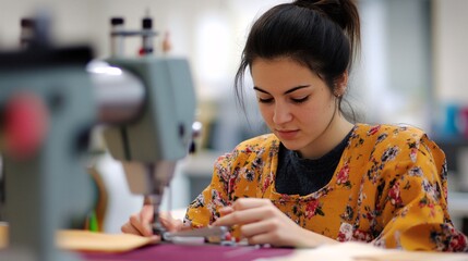 Fototapeta premium Student Engaged in Fashion Design, Learning the Art of Dressmaking with a Sewing Machine in a Classroom Environment