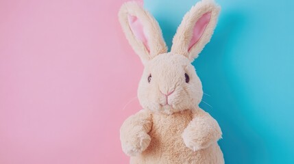 Obraz premium A plush bunny rabbit sits against a bright pink and blue background.