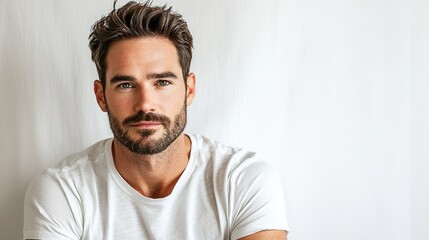 Obraz premium Confident Man in Casual Shirt Against White Background