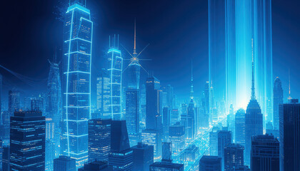 stunning futuristic cityscape illuminated by blue neon lights, showcasing towering skyscrapers and advanced architecture, creating vibrant urban atmosphere
