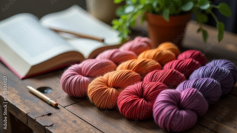 Poster A book is open on a table with a variety of colorful yarns next to it