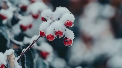 A close-up shot of bright red berries covered in a fresh layer of snow. The snow creates a beautiful contrast with the red berries, showcasing the vibrant colors of winter.