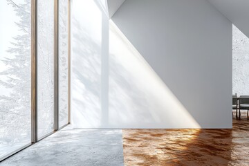 Obraz premium Sunlit room with a white backdrop and rustic copper flooring.