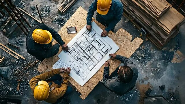 A group of construction workers in hard hats collaboratively reviewing blueprints on a wooden surface, emphasizing teamwork and planning in a construction setting.