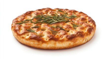 A freshly baked round focaccia bread with rosemary sprigs on top, ready to be eaten.