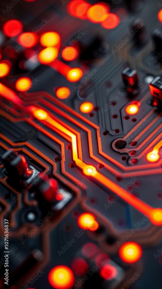 Aufkleber an intricate close-up view of a vibrant circuit board illuminated by glowing orange lights showcasin