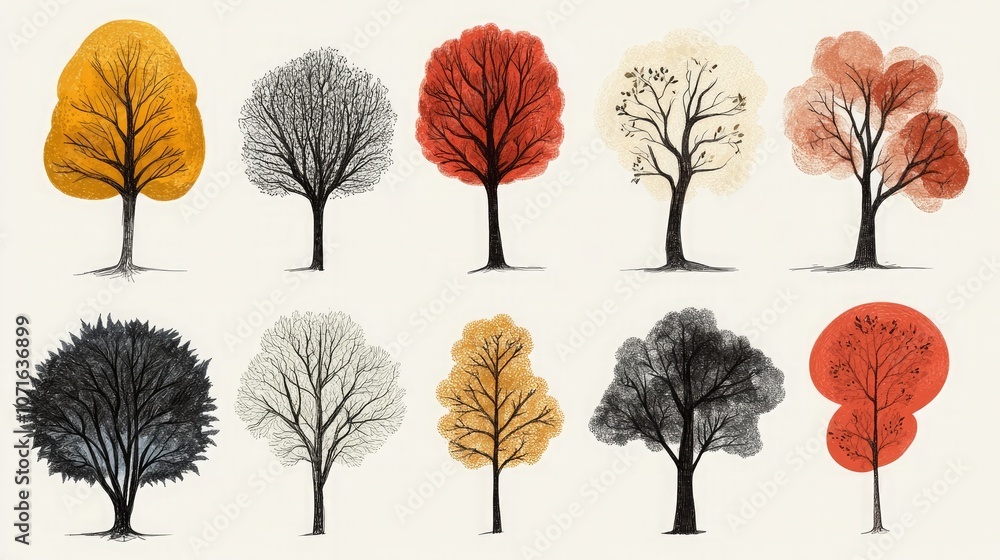 Poster a collection of twelve hand-drawn trees in various colors and styles, a graphic illustration of diff