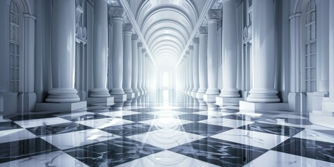 Grand Hall with White Columns and Marble Floor