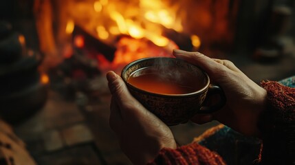 Close-up of a person's hands holding a steaming mug of tea in front of a warm fireplace. The cozy setting evokes a sense of relaxation and comfort.