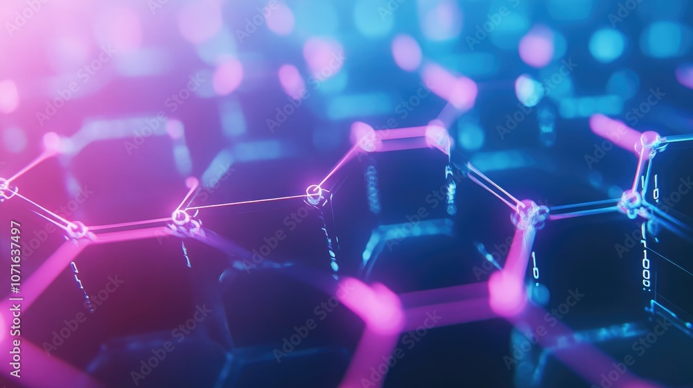 Poster abstract hexagonal pattern glowing in blue and pink light.