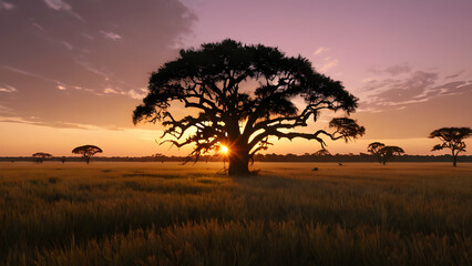 Sunset at savannah plains, Sunset Over Savannah with Lone Leafless Tree and Golden Light