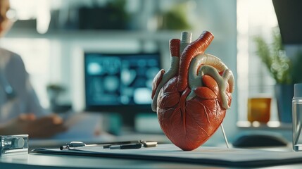 A close-up of a model of a human heart on a desk in a doctor's office.