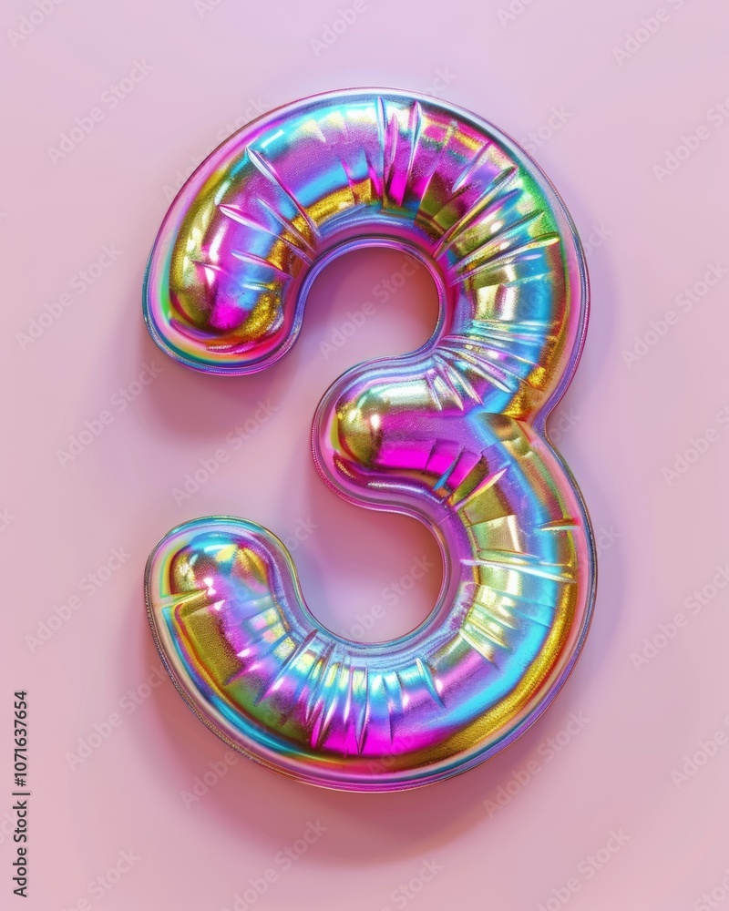 Poster a shiny three-shaped balloon in iridescent colors resting against a soft pastel background, creating
