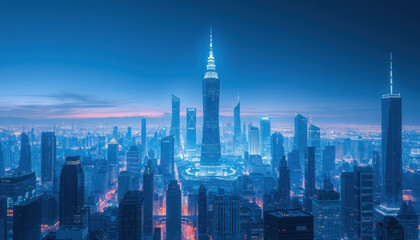 Naklejka premium stunning futuristic cityscape at dusk, showcasing towering skyscrapers and vibrant lights. skyline is illuminated in blue tones, creating mesmerizing atmosphere