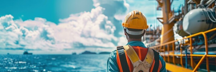 Fototapeta premium Oil Rig Worker in Safety Gear on a Platform at Sea