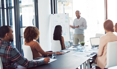 Creative, office and man at whiteboard for planning, presentation or internship training at agency....