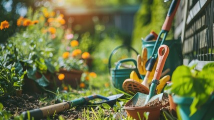 Gardening Tools and Equipment in a Lush Garden