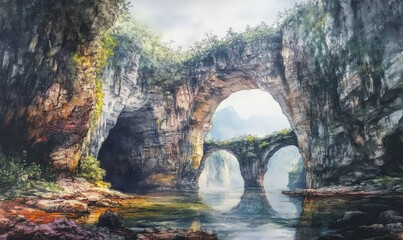 Fototapeta premium Watercolor Three Natural Bridges (Wulong Karst National Park) is located in Wulong City, Chongqing in China. It is considered one of the most beautiful natural World Heritage
