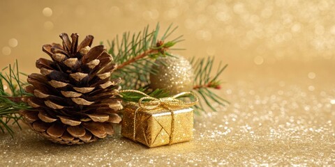 A close-up view of a pine cone, evergreen branch, and a small gift wrapped in gold paper on a background of shimmering gold glitter.