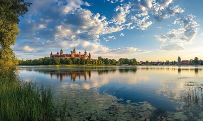 Naklejka premium Frederiksborg Castle, in the town of Hillered on Lake Slotsse. Panorama. Denmark. XVI century. Copenhagen, Denmark, Europe