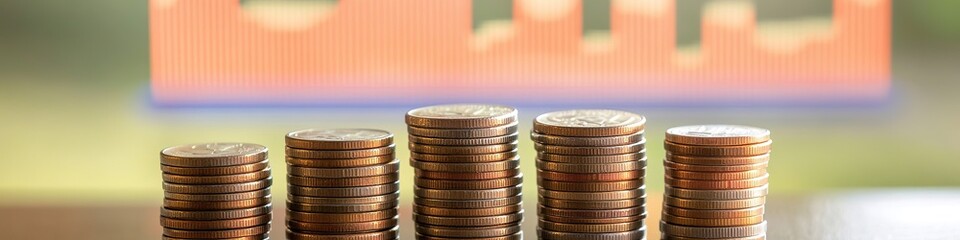 Stacked coins increase in height with upward graph in background