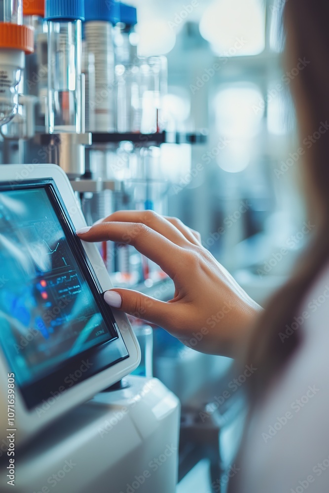 Aufkleber scientist using touchscreen interface in lab