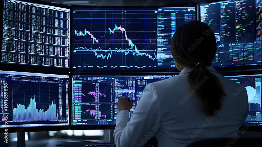 Poster a professional examining financial data on multiple screens, showcasing charts and graphs for stock 