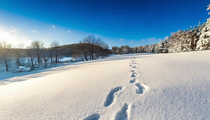 Obraz premium 冬・雪山の風景 尾根についた雪につけられた足跡 雪原の山道にまっすぐについた道のり 山登り・登山・森林 雪国のイメージ
