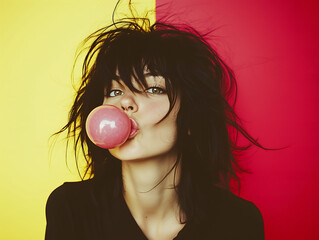 Young attractive woman blowing bubble with chewing gum