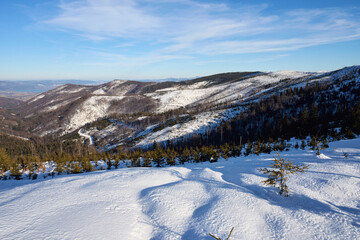 Winter at Silesian Beskid on European Bialy Krzyz in Poland