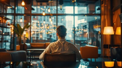 Obraz premium Man Relaxing in a Cafe with a City View