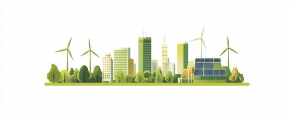 Naklejka premium Flat illustration of green energy solutions with solar panels, wind turbines, and eco-friendly buildings