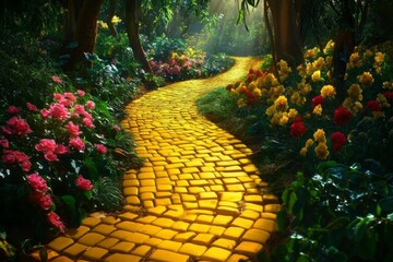 Beautiful garden pathway made yellow cobblestones surrounded by Enchanted Journey Down