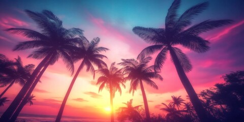 Obraz premium Beautiful landscape palm trees sunset sky filled vibrant Nostalgic Synthwave Aesthetic 1980s