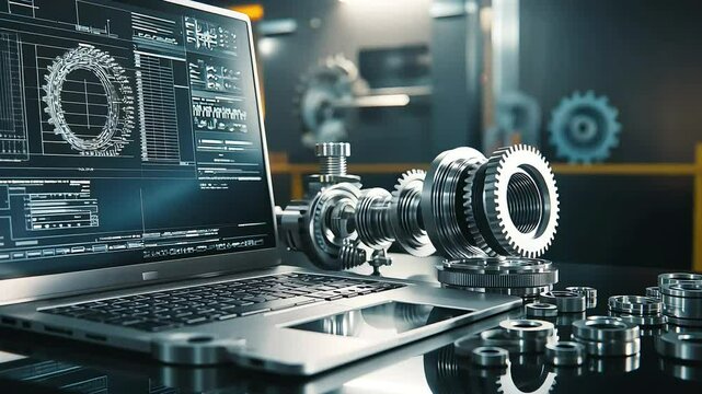 A laptop displays technical data alongside a detailed mechanical component, highlighting the intersection of technology and engineering in a workspace.