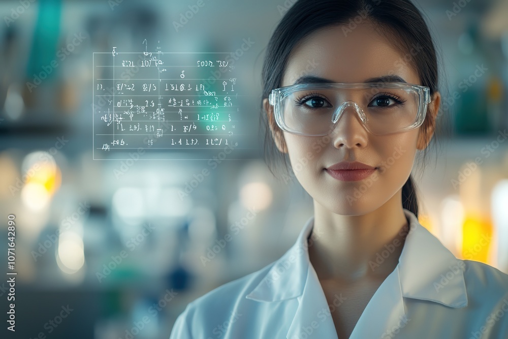 Poster focused scientist with equations and data hologram in laboratory