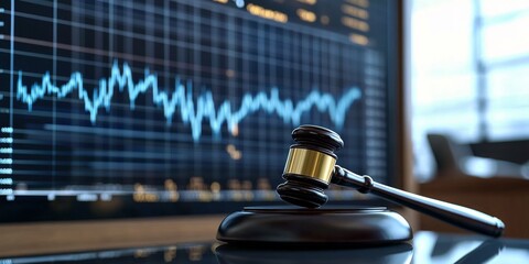 Wooden gavel resting black base golden balance scale Stock market regulatory board