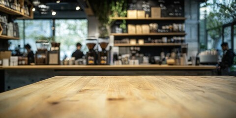 Naklejka premium Interior coffee shop cafe focus is wooden table Blurred background of people